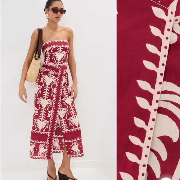 Johanna Ortiz Strapless Dress in Red and Cream - Picture 5 of 7